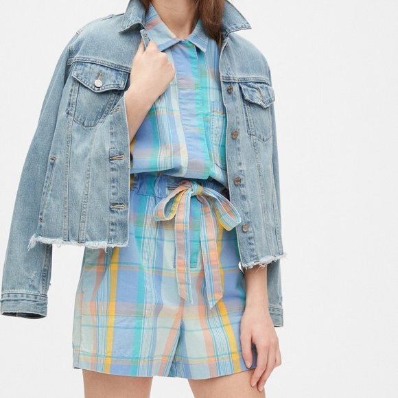 Plaid GAP Button Front Elastic Tie-Waist Romper Shorts Jumpsuit (NWT) - Picture 2 of 4